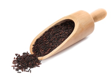 Scoop with uncooked black rice on white background