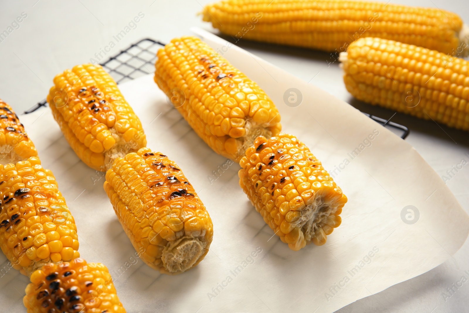 Photo of Cooling rack with grilled corn cobs on light background