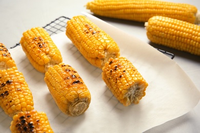 Cooling rack with grilled corn cobs on light background