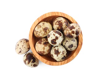 Photo of Wooden bowl and quail eggs on white background, top view