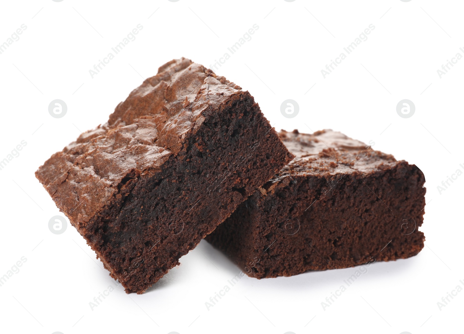 Photo of Pieces of fresh brownie on white background. Delicious chocolate pie