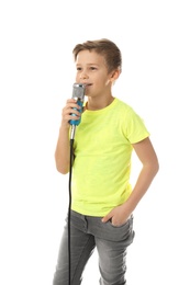 Cute boy with microphone on white background