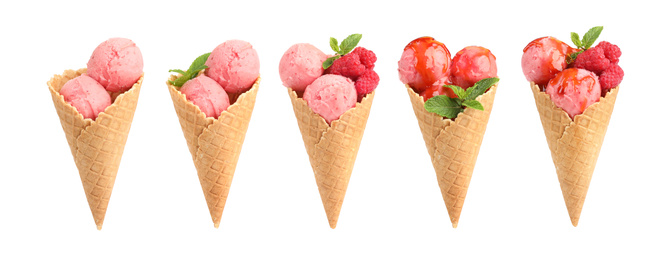 Image of Set of different ice creams in wafer cones on white background. Banner design