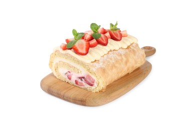 Delicious cake roll with strawberries and cream isolated on white