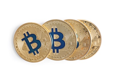 Bitcoins isolated on white, top view. Digital currency