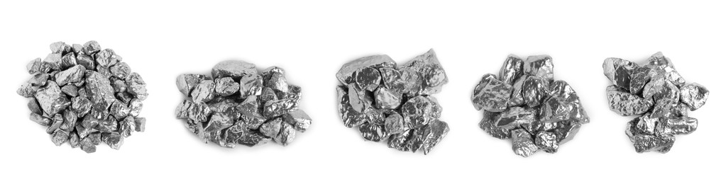 Image of Set of silver nuggets on white background, top view