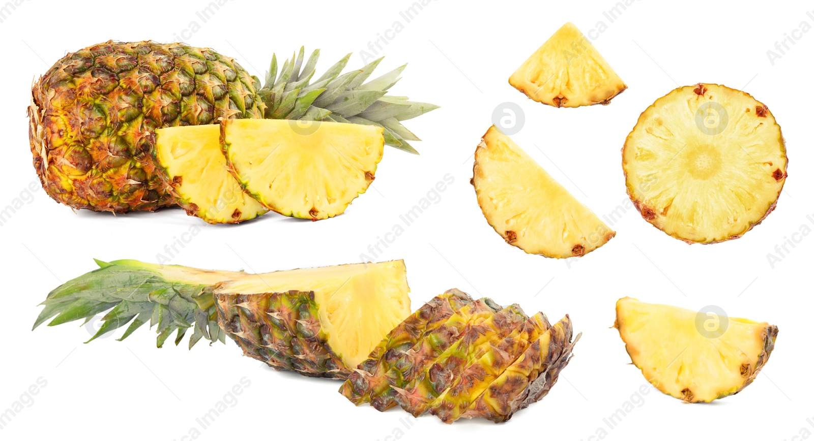 Image of Set with cut and whole pineapples isolated on white