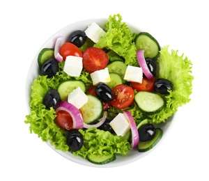 Tasty fresh Greek salad on white background, top view