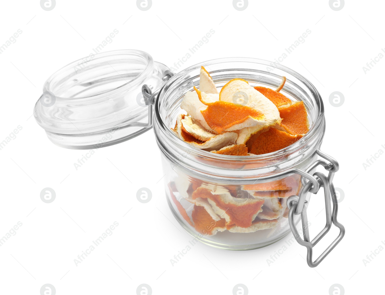 Photo of Glass jar with dry orange peels isolated on white