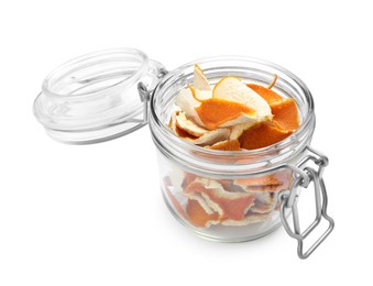 Glass jar with dry orange peels isolated on white