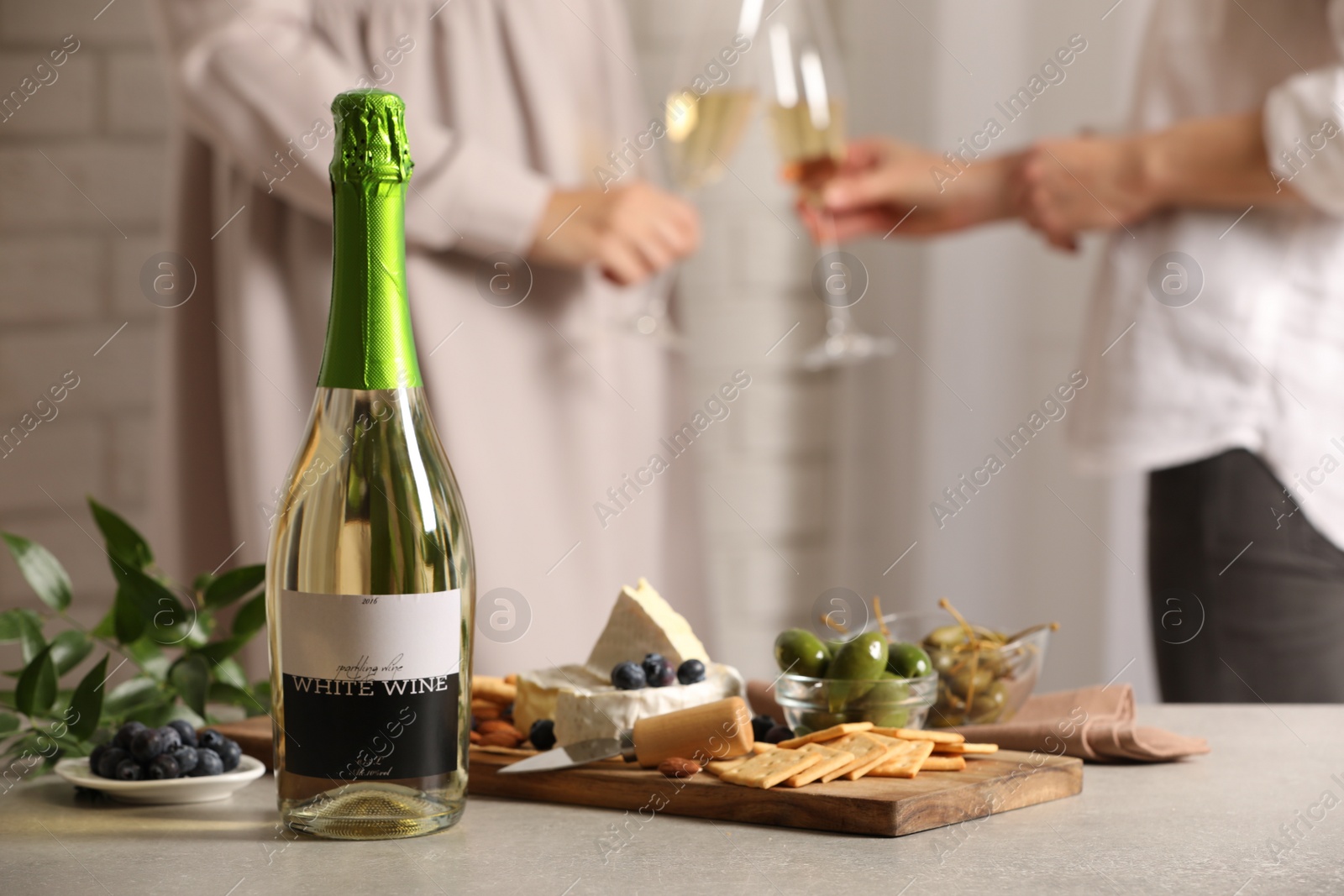 Photo of Women clinking glasses indoors, focus on table with bottle of wine and different snacks. Space for text