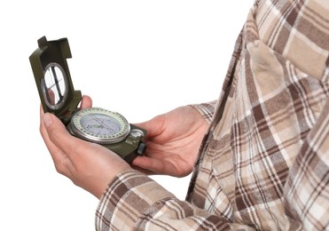 Photo of Woman holding compass on white background, closeup