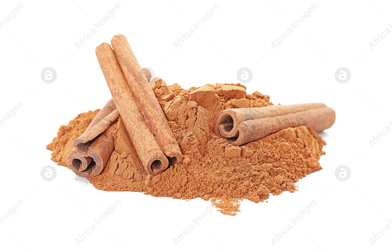 Photo of Aromatic cinnamon sticks and powder on white background