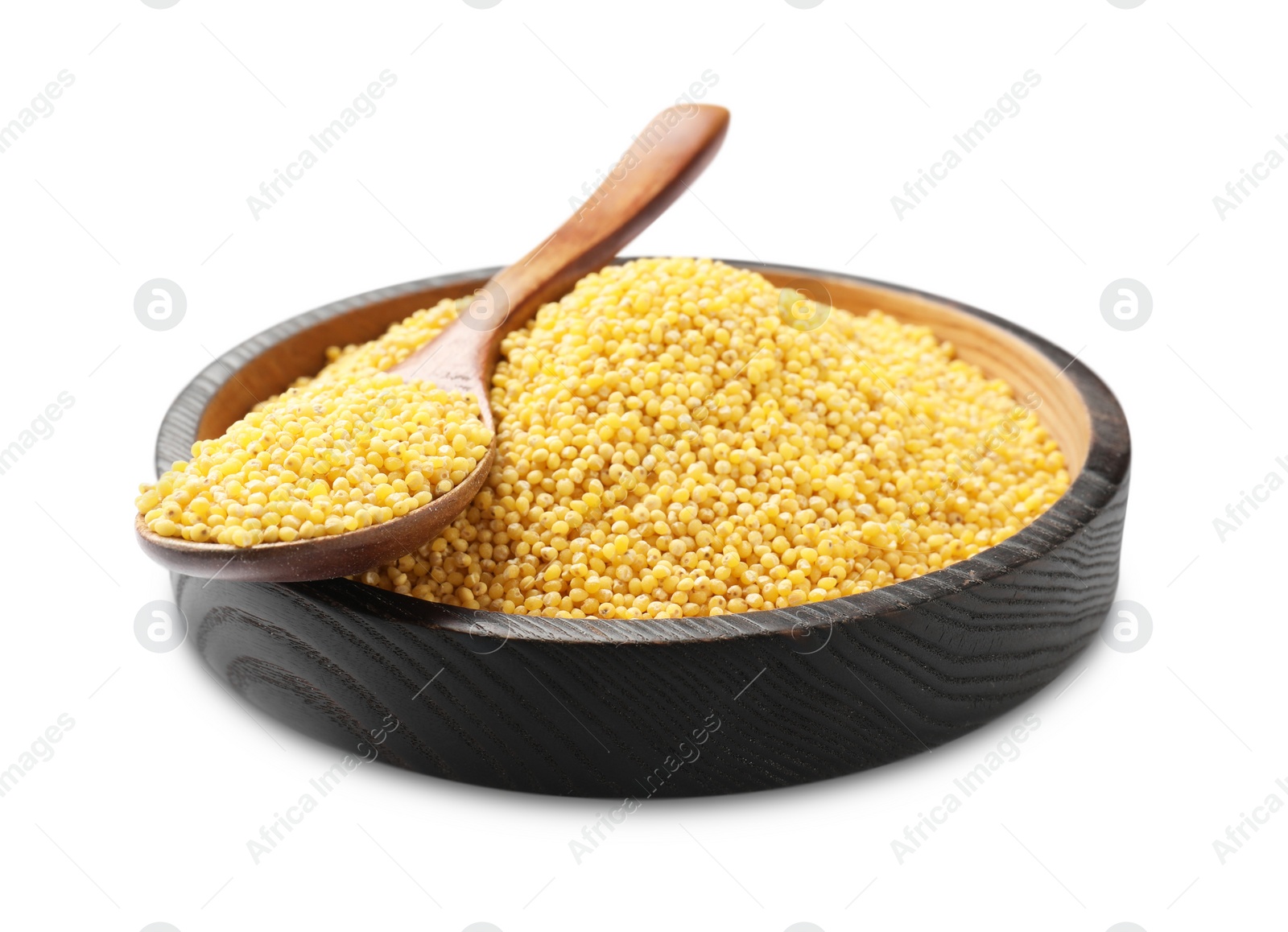 Photo of Dry millet seeds in bowl and spoon isolated on white