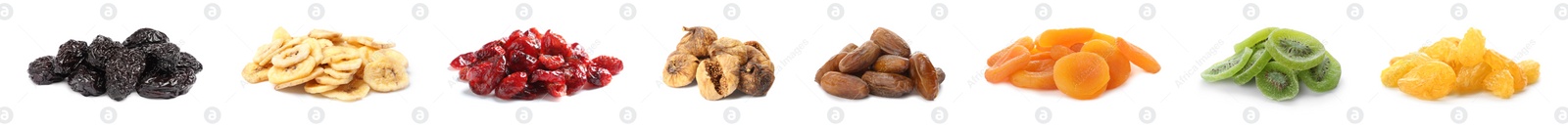 Image of Set with different tasty dried fruits on white background. Banner design