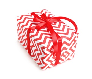 Photo of Beautifully decorated gift box on white background