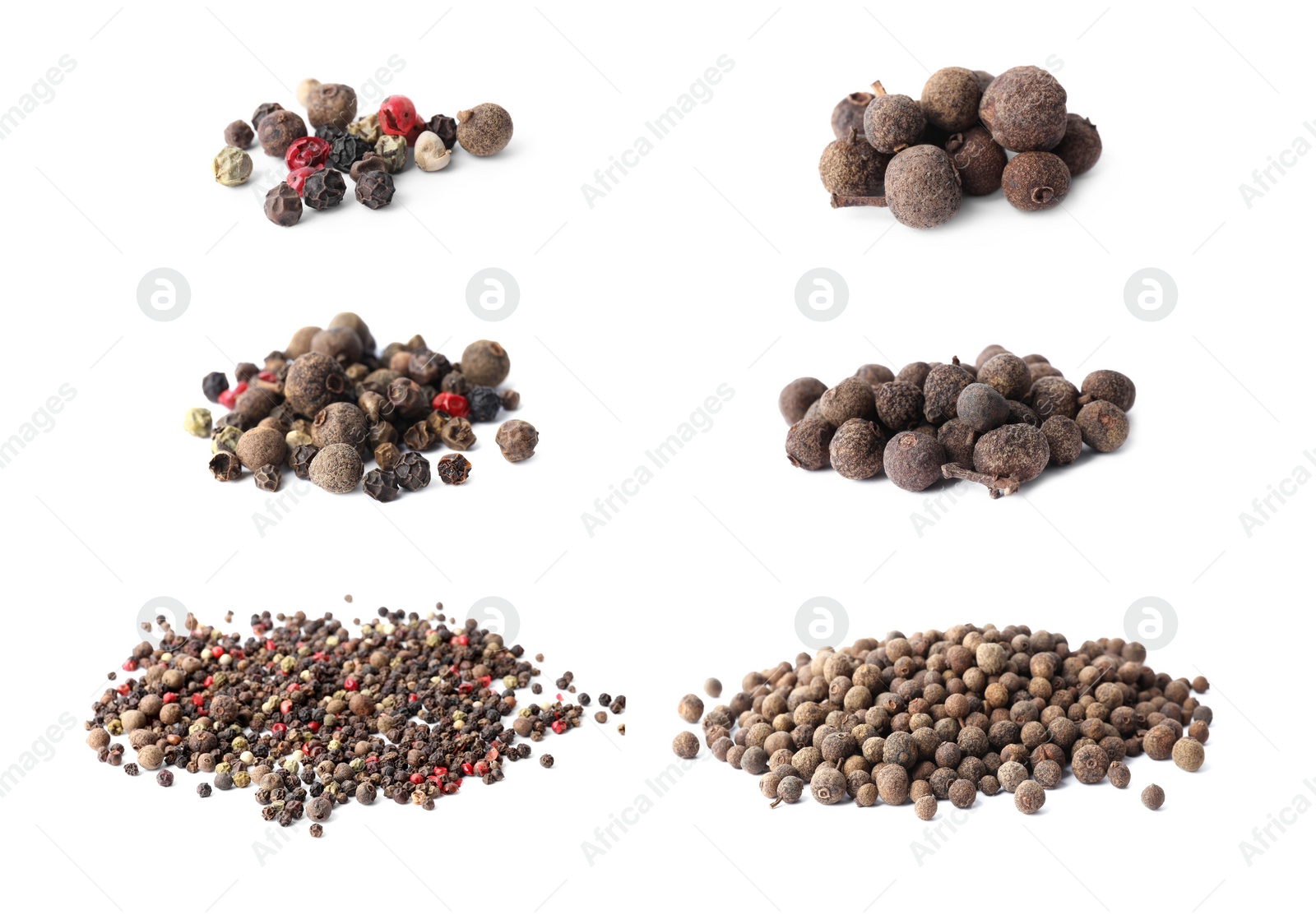 Image of Set of different peppercorns on white background