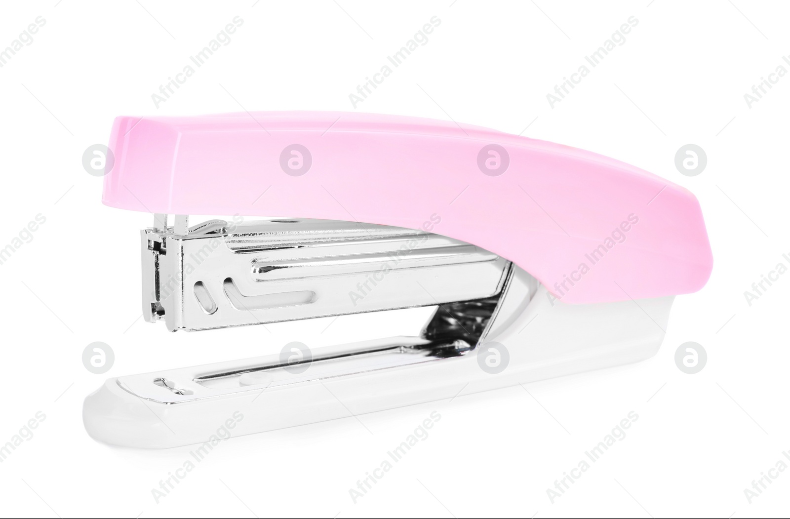 Photo of One new pink stapler isolated on white