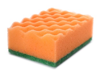 Photo of Orange cleaning sponge with abrasive green scourer isolated on white