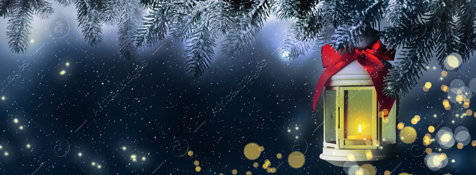 Image of Beautiful Christmas lantern hanging on fir tree branch, bokeh effect. Banner design with space for text