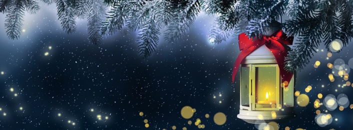 Image of Beautiful Christmas lantern hanging on fir tree branch, bokeh effect. Banner design with space for text