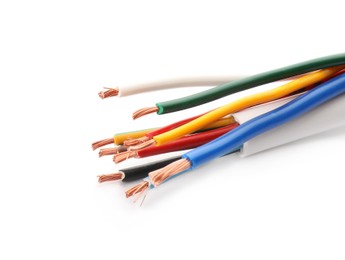 Photo of Many stripped electrical wires on white background