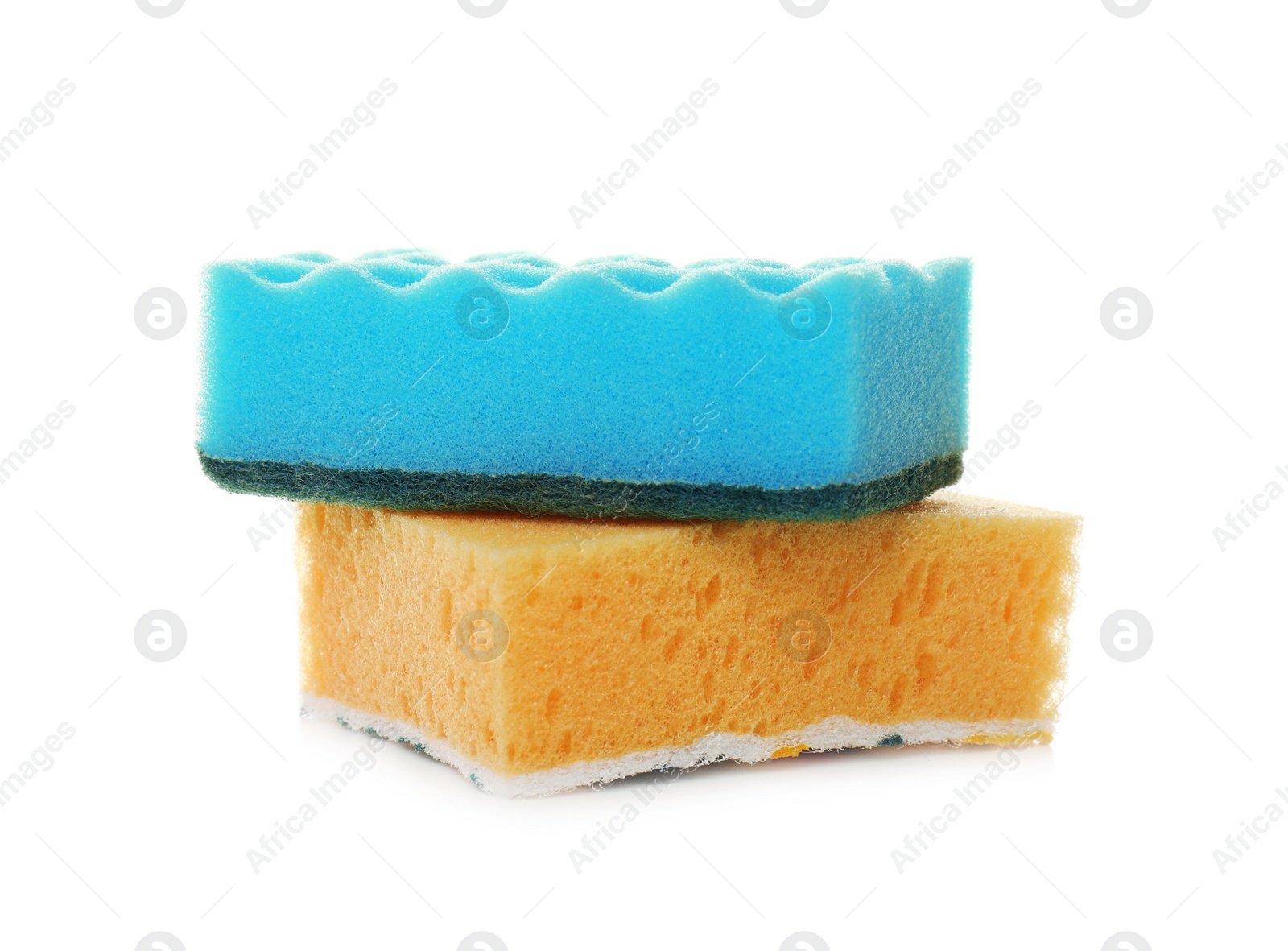 Photo of New sponges on white background. Cleaning supplies