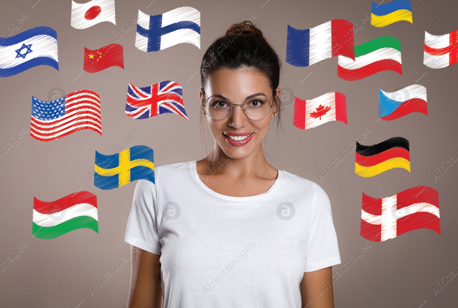 Image of Portrait of interpreter and flags of different countries on light brown background