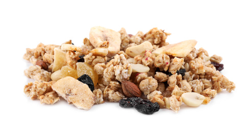 Image of Heap of tasty crispy granola on white background