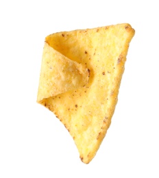 Photo of Tasty Mexican nacho chip on white background