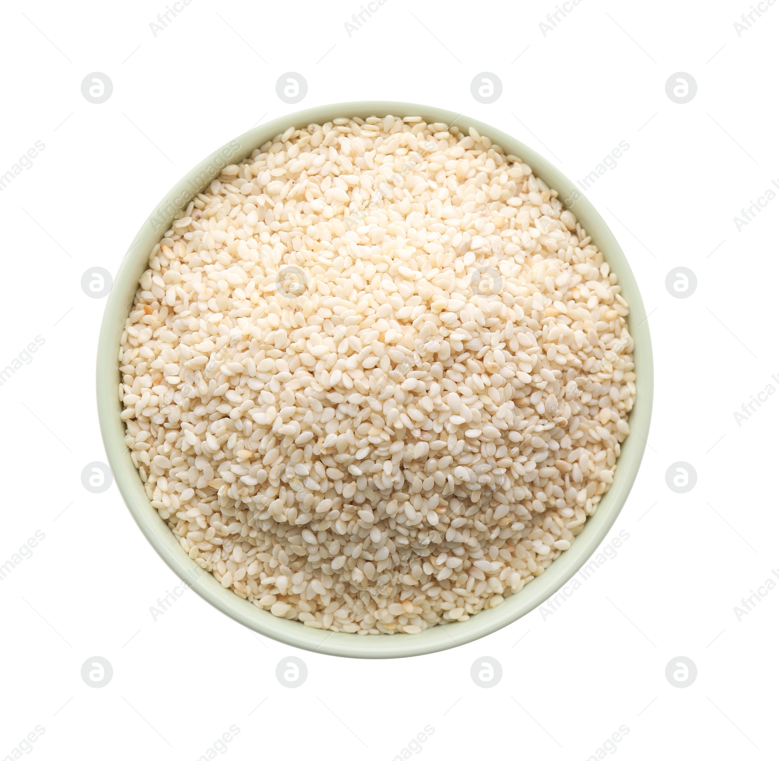 Photo of Sesame seeds in bowl on white background, top view