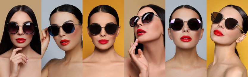 Collage with photos of woman with stylish sunglasses on different color backgrounds. Banner design