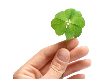 Woman holding beautiful green four leaf clover on white background, closeup