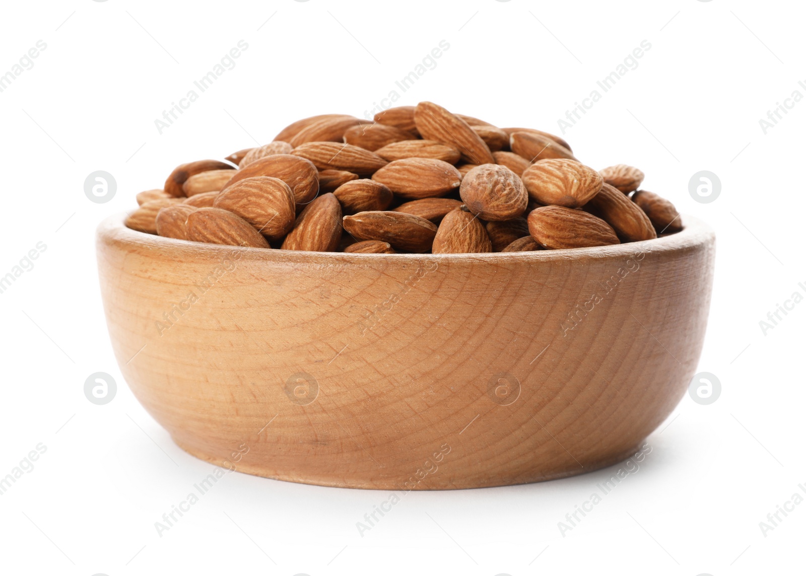 Photo of Bowl with organic almond nuts on white background