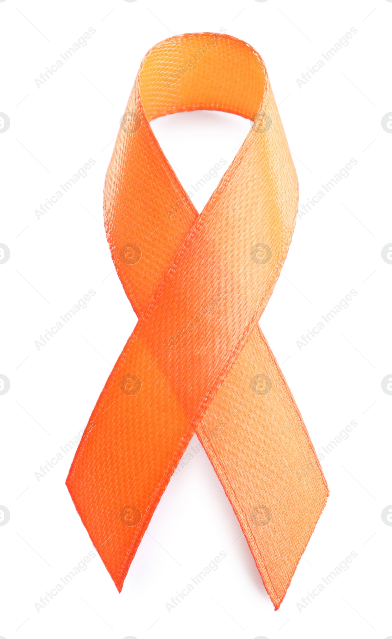 Photo of Orange ribbon isolated on white, top view. World Cancer Day