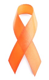 Orange ribbon isolated on white, top view. World Cancer Day
