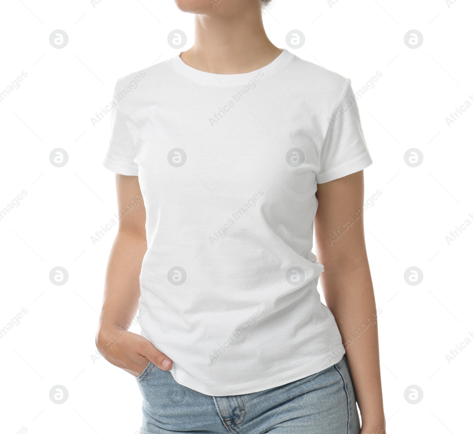 Photo of Woman in t-shirt on white background, closeup. Space for design