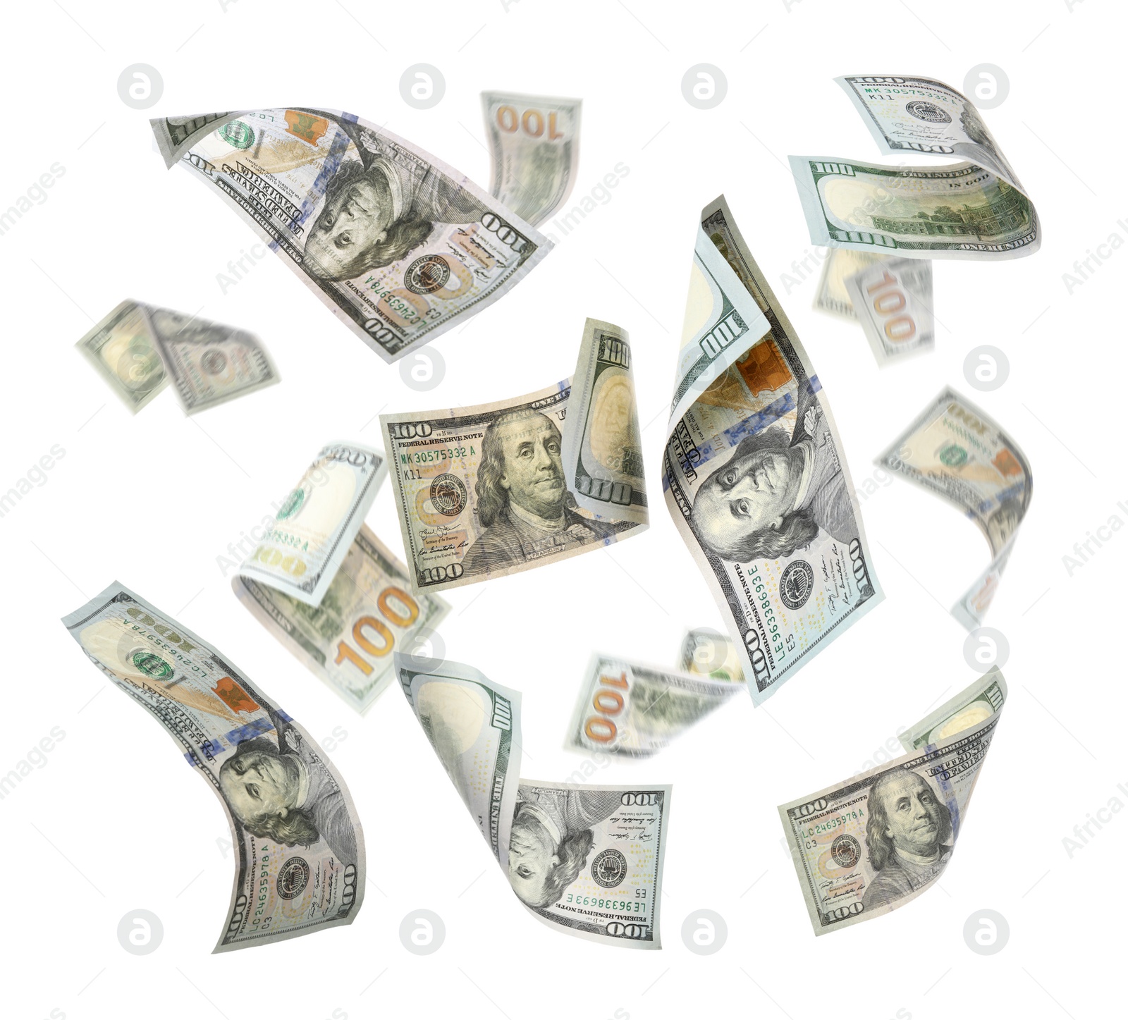 Image of Many American dollars on white background. Flying money