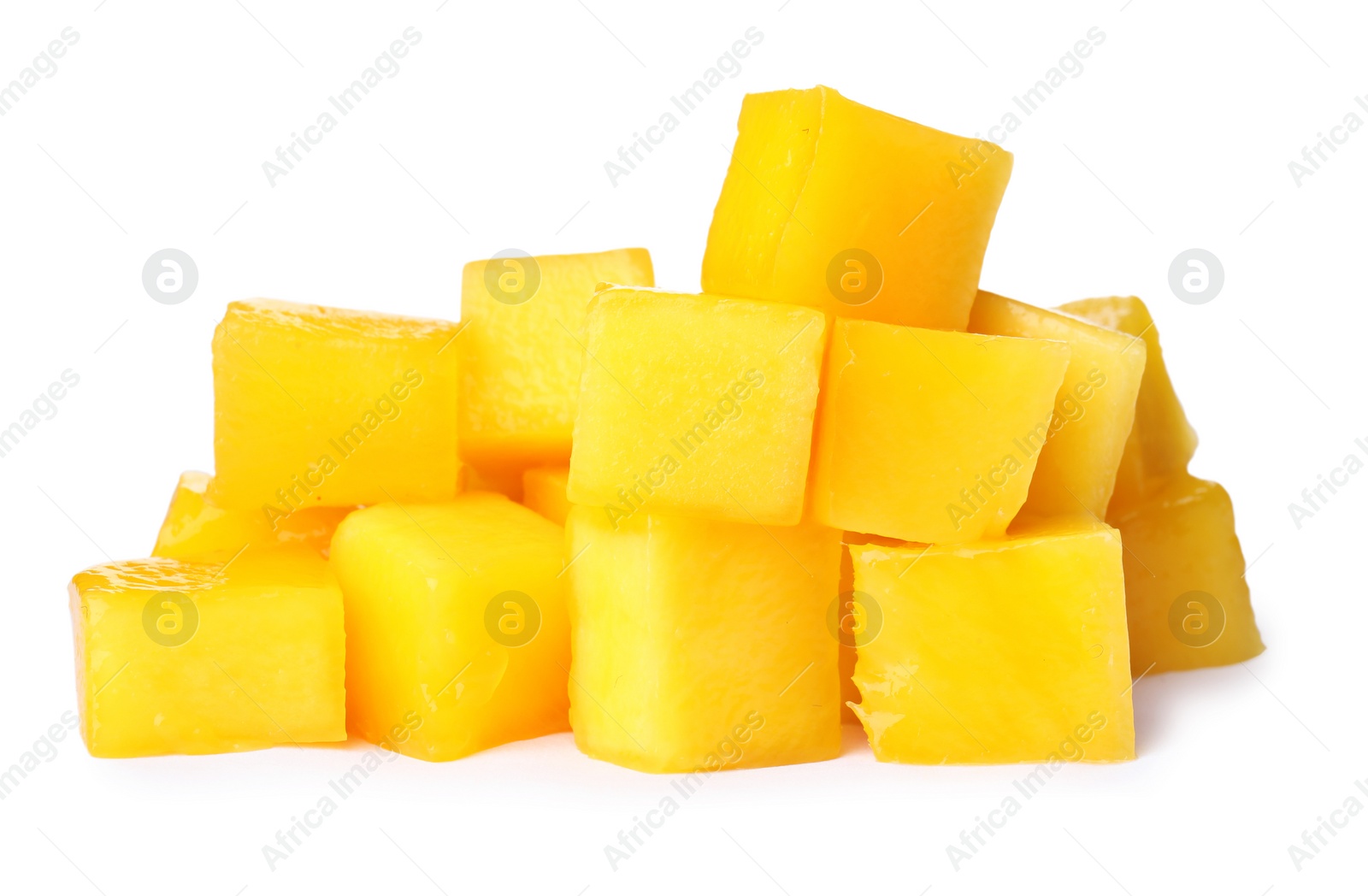 Photo of Fresh juicy mango cubes on white background