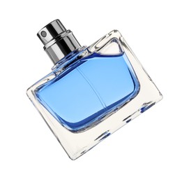 Photo of Blue men's perfume in bottle isolated on white