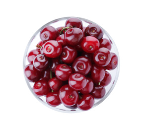 Sweet juicy cherries in bowl isolated on white, top view