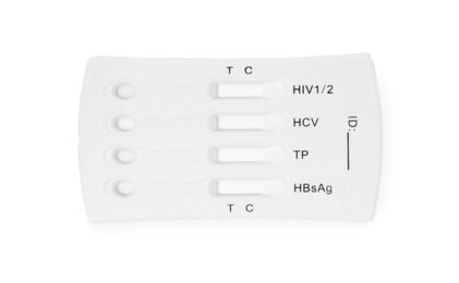 Photo of Disposable express test for hepatitis on white background, top view