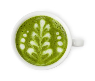Delicious matcha latte in cup on white background, top view