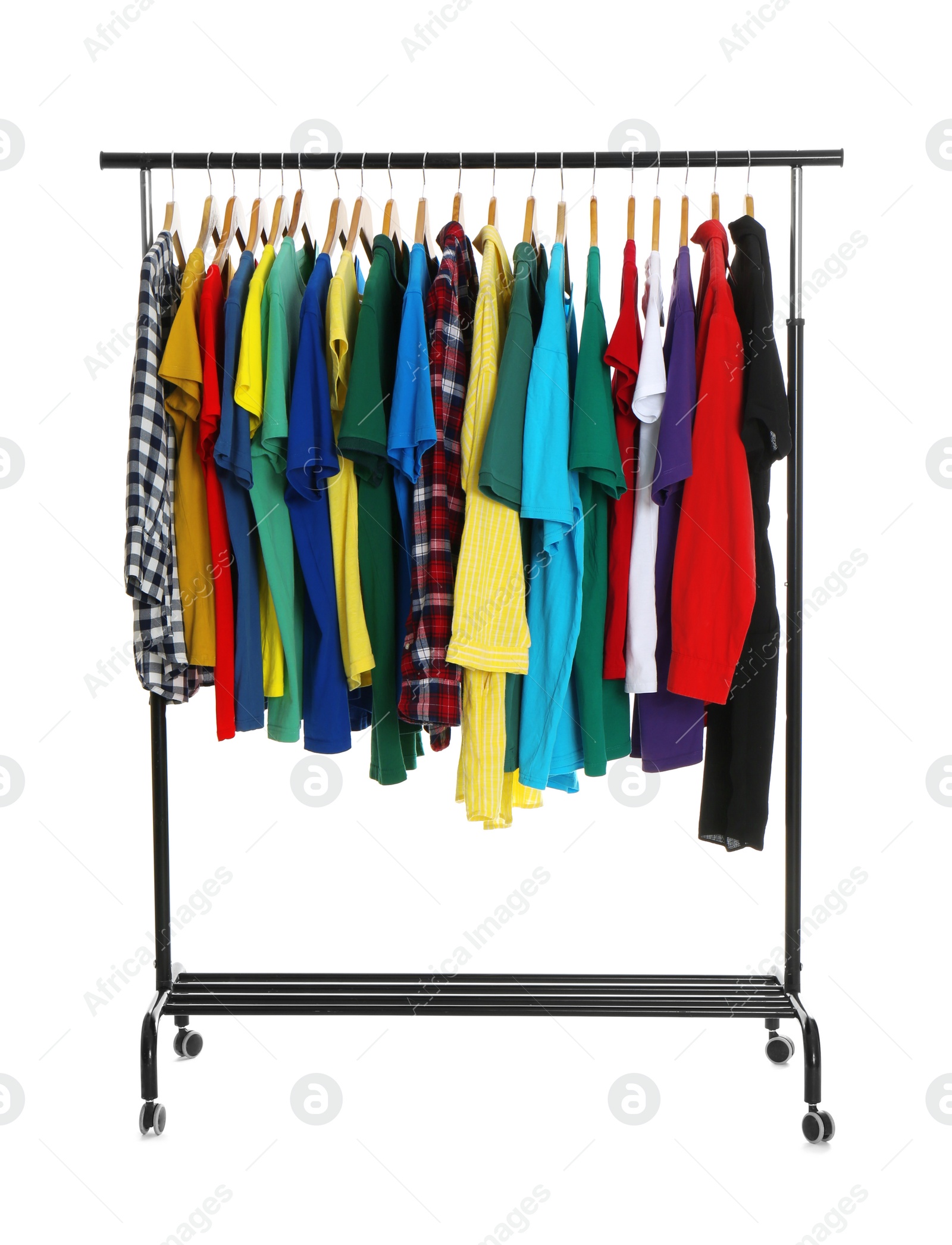 Photo of Rack with stylish t-shirts isolated on white