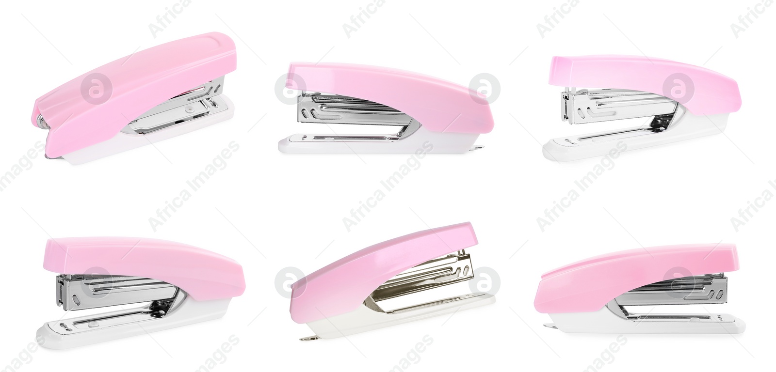 Image of Pink stapler isolated on white, different sides