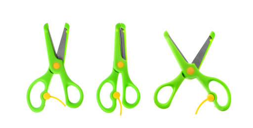 Image of Set of training scissors on white background, top view