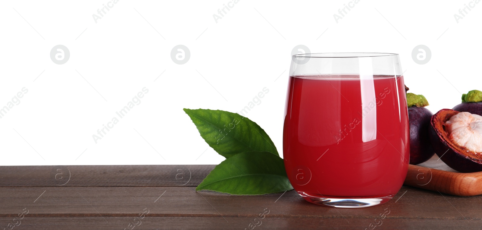 Photo of Delicious mangosteen juice and fresh fruits on wooden table against white background. Space for text