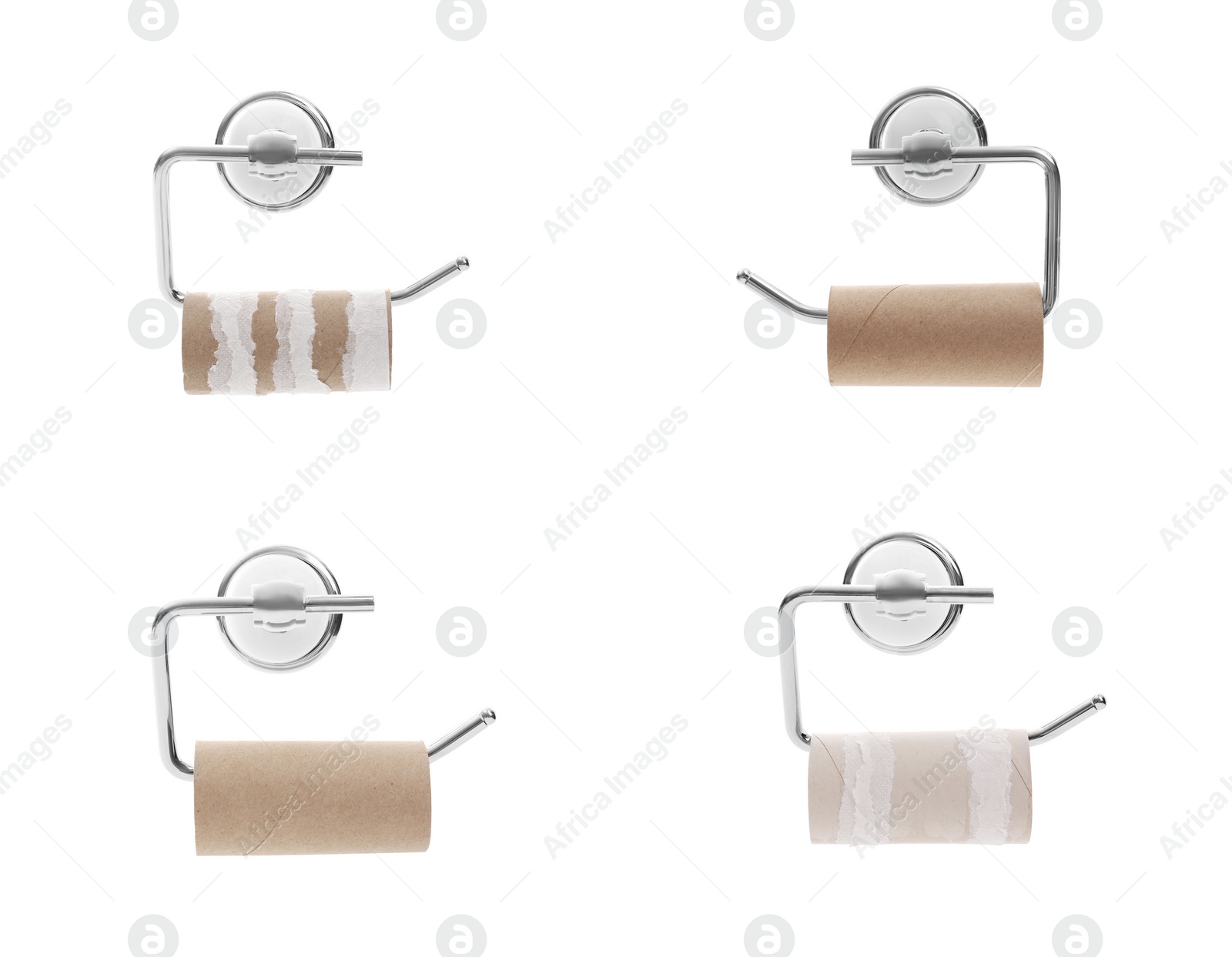 Image of Set with empty paper toilet rolls on white background