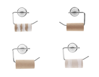 Image of Set with empty paper toilet rolls on white background
