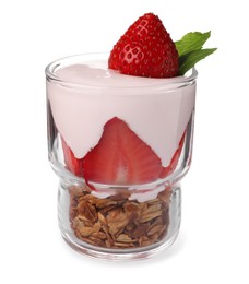 Photo of Glasstasty yogurt with muesli and strawberries isolated on white